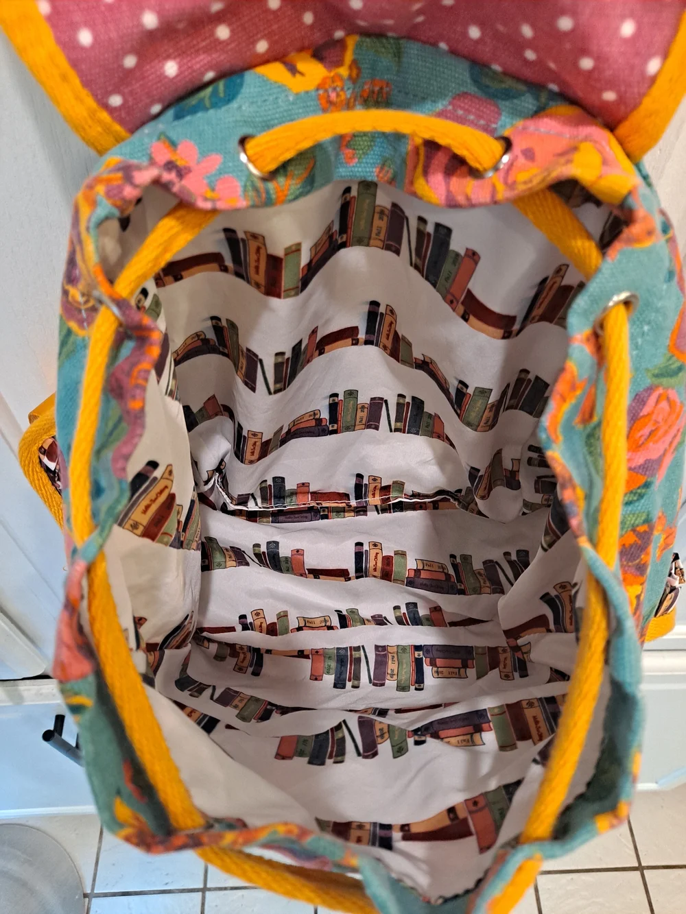 Matilda Jane Floral & Polka Dot Mini Backpack Pink Teal Yellow Book Ruffle Motif